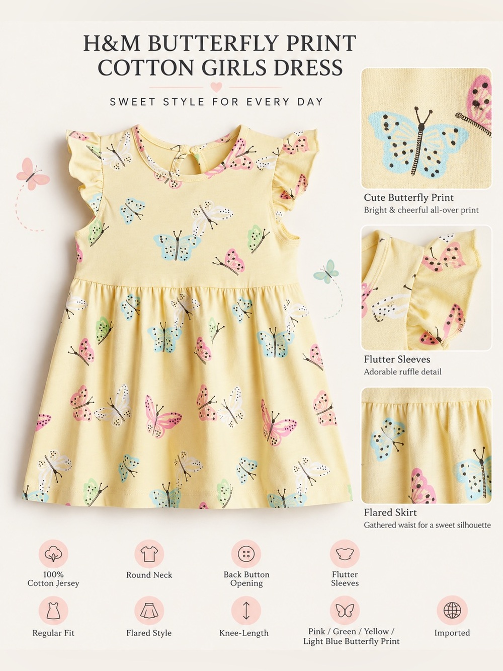 H&M BUTTERFLY PRINT COTTON DRESS - YELLOW VARIOUS SIZES (NEW WITH TAGS) A31